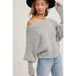 $25 Boat Neck Dolman Sleeve Ribbed Fuzzy Knit Sweater